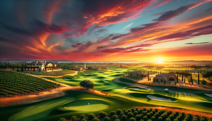 Vibrant sunset over Fairview Golf Estate, showing green fairways, historical fields, luxury villas, and distant neighboring estates.