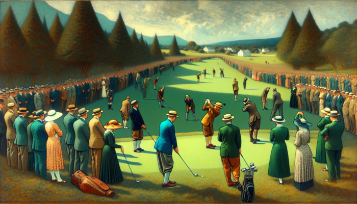 1930s scene at Westlake Golf Club: Enthusiasts in period attire teeing off on lush greens amid cheering community.