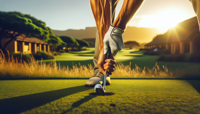 A South African golfer at Fancourt Estate demonstrates a balanced stance with interlocking grip under golden sunlight on lush greens.