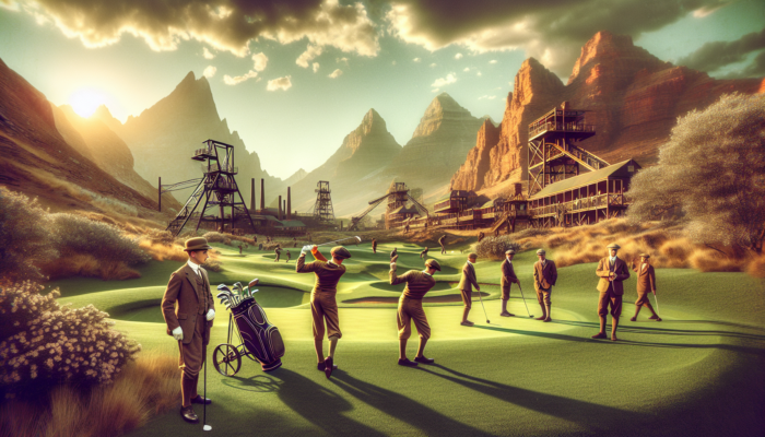 Elegant 1930s golfers in period attire swing clubs on lush greens at Cullinan Golf Club, with diamond mines, rugged hills, and a golden sunset sky.