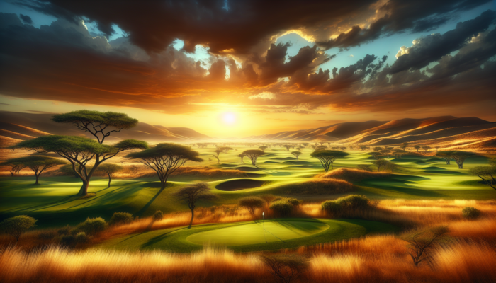 Lush South African bushveld golf course with emerald fairways, golden grasses, acacia trees under a dramatic sunset sky.