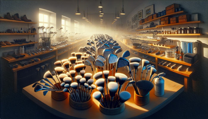 Close-up of soft-bristled brushes cleaning golf clubs in a sunlit Johannesburg shop, with shiny metal heads, clean wooden grips, and Cape Town tools.