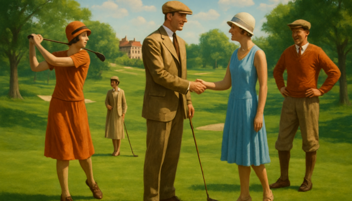 1920s golfers in flapper attire teeing off and mingling at Fairview under sunny skies.