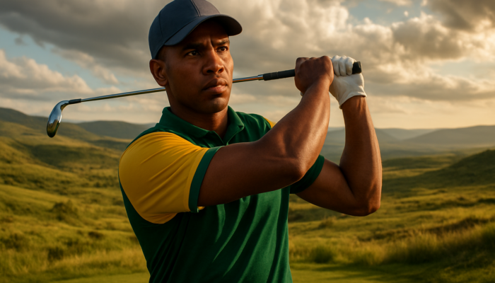 Improving Your Golf Grip Strength: South African golfer firmly gripping club on windswept Highveld course with green hills and dramatic clouds.