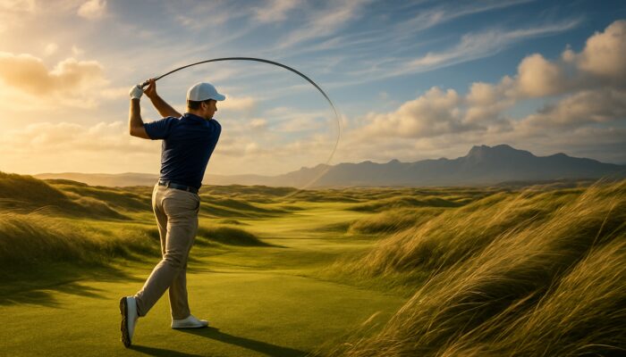 Professional golfer mid-swing on windswept South African course, clubhead in arc amid rolling greens and mountains.