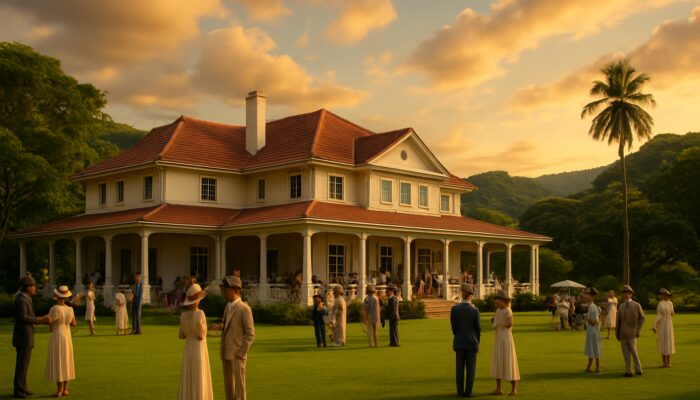 Mtunzini Country Club: Colonial architecture, green lawns, and diverse people at a social gathering in KwaZulu-Natal.