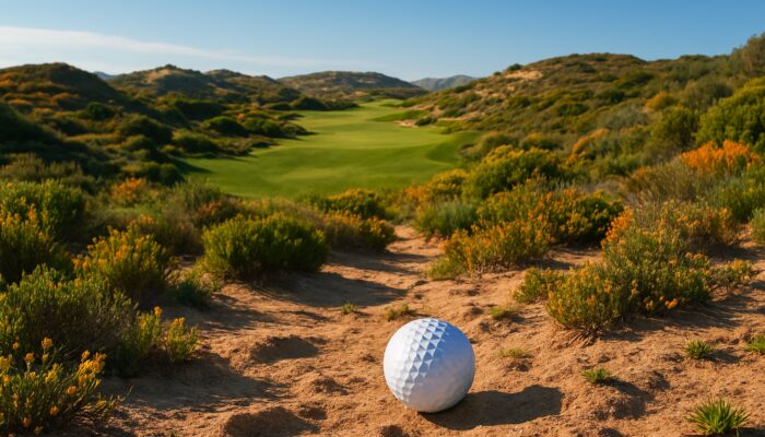 Play Golf with Inconsistent Lies: Sunny golf course in South Africa's Western Cape with rolling hills, fynbos, and golf ball on uneven terrain.
