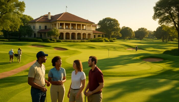 Sunlit golf course at Centurion Country Club, featuring lush fairways, stately clubhouse, and diverse people socializing in Gauteng.