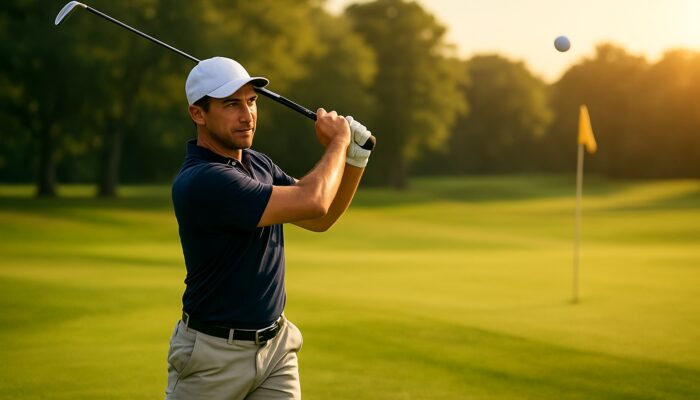 Professional golfer mid-swing on lush green course, executing precise pitch shot under golden sunlight.