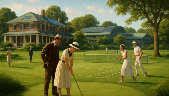 1920s Royal Oak Country Club scene: Members in period attire playing golf and tennis with eco-friendly updates.