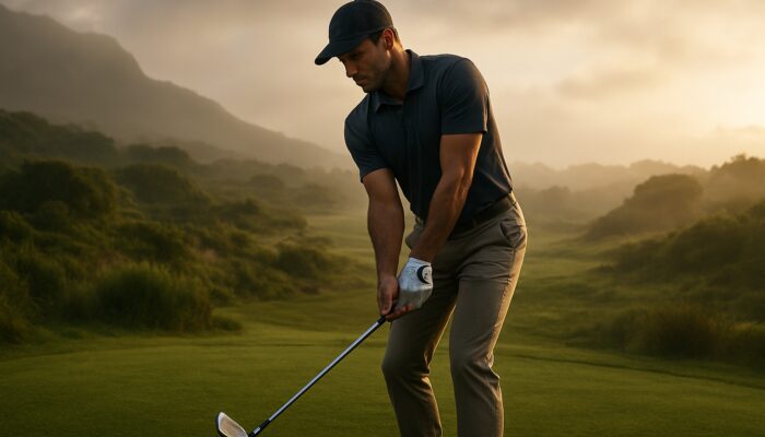 Golf Swing Fundamentals: Golfer demonstrating firm grip on club in misty South African greens.