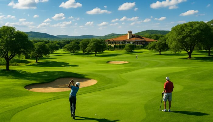 Lush green golf course at Polokwane Golf Club, with players teeing off under blue sky.