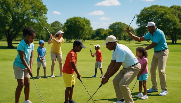 Children and adults learning golf with instructors at Polokwane Golf Club community clinic.