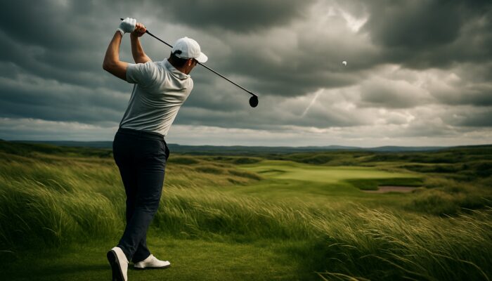 Hit a Golf Ball with Backspin: Professional golfer mid-swing, executing backspin shot on windy South African course.