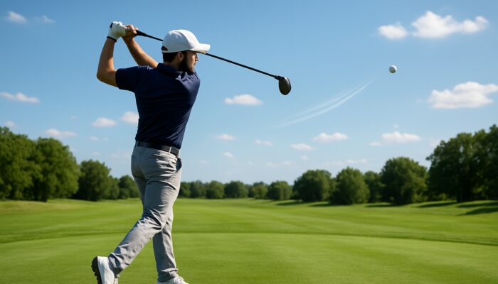 Professional golfer mid-swing, hitting golf ball with backspin on lush fairway under sunny sky.
