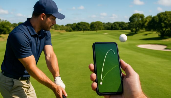 Golfer mid-swing on Port Elizabeth course, analyzing spinning ball's spin rate via smartphone overlay.