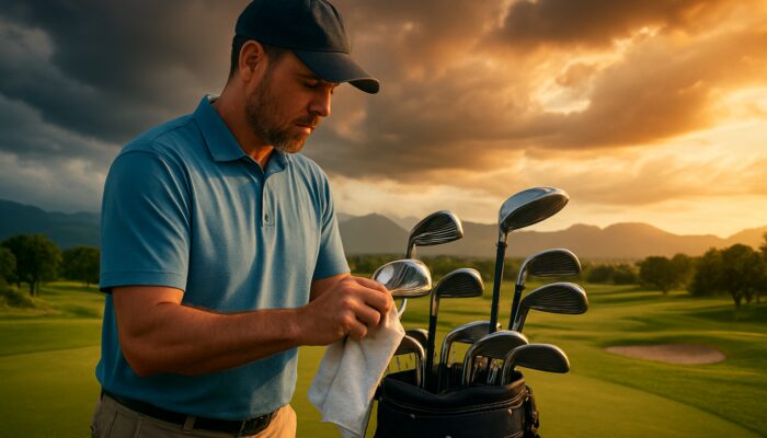 Golf Club Cleaners: Golfer cleaning high-quality clubs at Fancourt Estate under dramatic South African sky.