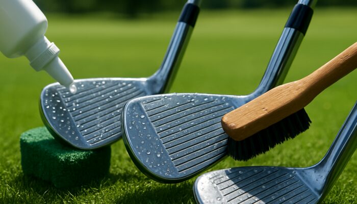 Gleaming golf clubs being cleaned with brushes and solutions on a lush green course.