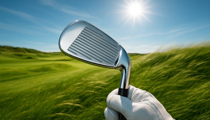 Gleaming golf club with flawless finish, held by golfer on wind-swept South African fairways.
