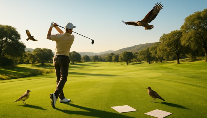 Golfer mid-swing on sunlit Gauteng fairway, surrounded by birds, soaring eagle, and scorecards.