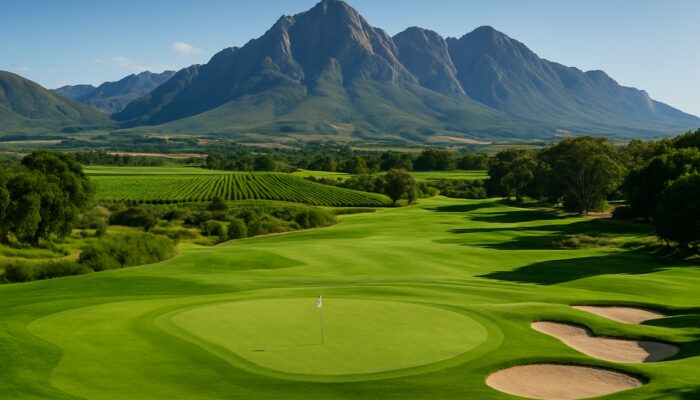 Lush Erinvale Golf Course in Somerset West, with emerald greens, mountains, vineyards, and clear skies.