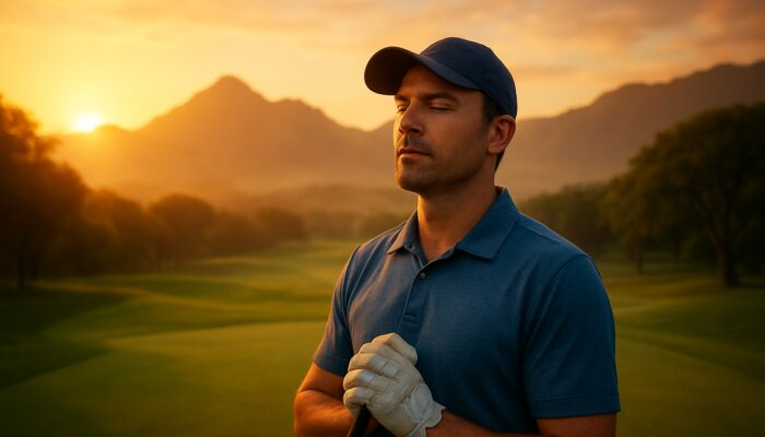 Golfer visualizing on Sun City's lush course, eyes closed, deep breathing amid misty mountains and golden sunset.
