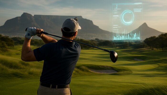 Golfer swings club with high-tech analyzer in windy Gauteng highlands, data screens glowing.