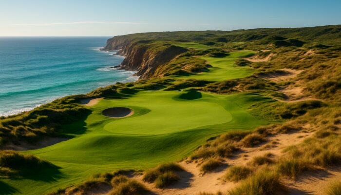 Ernie Els-designed golf course in Western Cape, South Africa, with lush fairways, coastal cliffs, and turquoise ocean views.