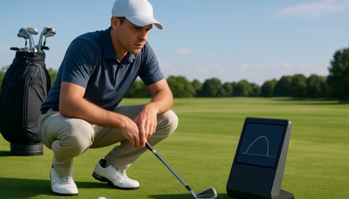Focused golfer analyzing golf launch monitor data on lush driving range.