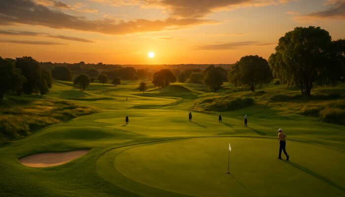 Historic Maccauvlei Golf Club with lush fairways, diverse players, and golden sunset sky.