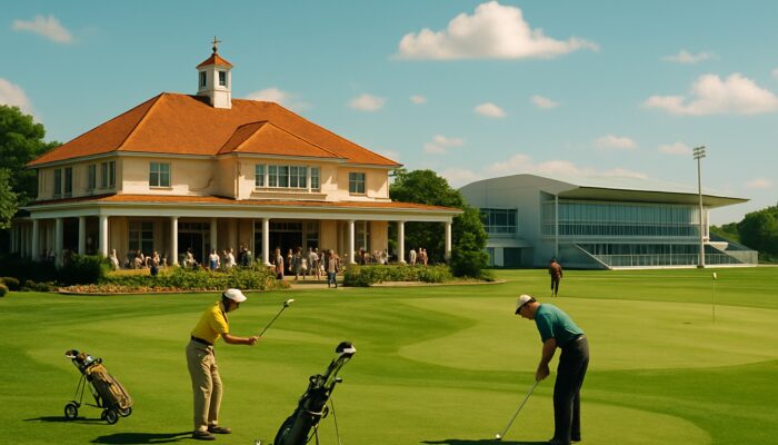 1960s Margate Country Club: golfers teeing off on lush greens, socializing at stately clubhouse, evolving to modern sports under sunny sky.