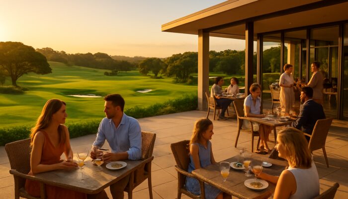 Families enjoying social dining on sunny terrace overlooking Umhlali Country Club golf course at golden hour.
