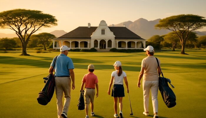 Diverse family golfers walking to grand South African clubhouse on lush fairways with acacia trees.