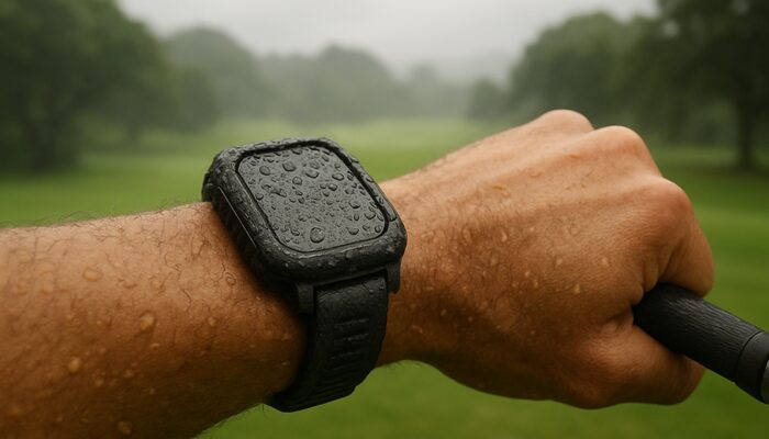 Rugged waterproof golf fitness tracker on wrist with moisture beads amid misty Durban fairways