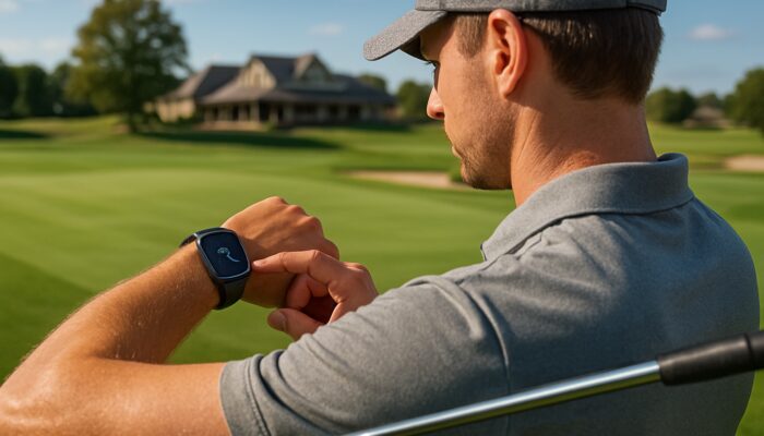 Golfer checking smartwatch fitness tracker with swing analytics on lush local golf course