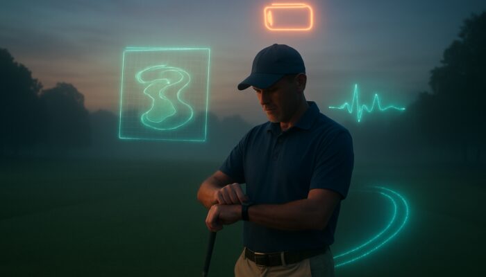 Golfer views holographic GPS, heart rate, and swing data on smartwatch with fading battery icon