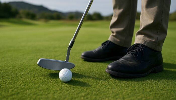 Golfer using high-MOI putter on firm kikuyu grass greens in South Africa for stable control.