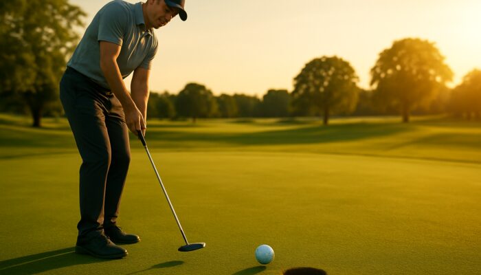 Golfer sinks long putt with high MOI putter on lush local course green