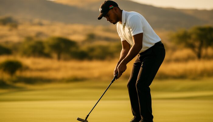 Focused South African golfer executes smooth putting stroke with high-MOI putter on sunlit green