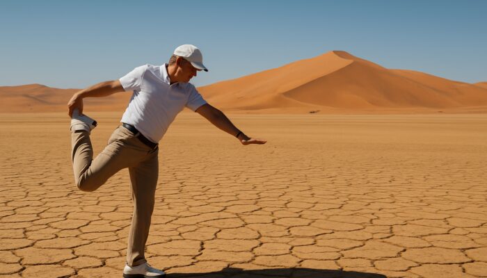 Golfer doing hip openers on cracked, sun-scorched fairway amid Northern Cape desert dunes.