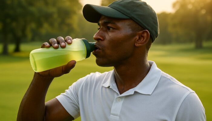 South African golfer sipping electrolyte sports drink from reusable bottle on lush course