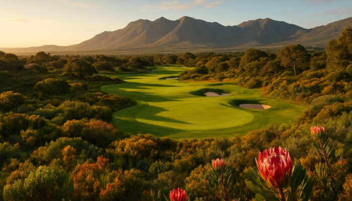 Lush fairways of Kuils River Golf Club winding through fynbos in Western Cape.