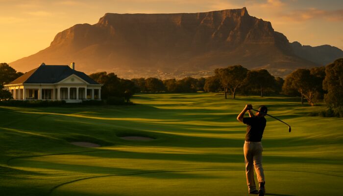 Golfer mid-swing on lush Kuilsrivier Golf Club fairways with Table Mountain backdrop