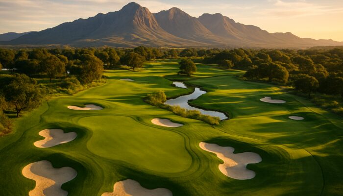 Aerial view of Kuils River Golf Club fairways, bunkers, and mountain backdrop in golden sunlight.
