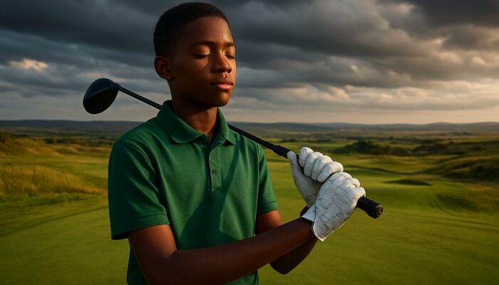 Young South African junior golfer eyes closed visualizing drive on windy Highveld course