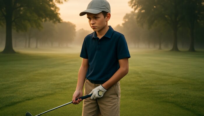Focused junior golfer concentrates on misty local course at dawn with club in hand