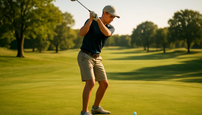 Young golfer swings with focus on sunlit local course, showing calm mental preparation.