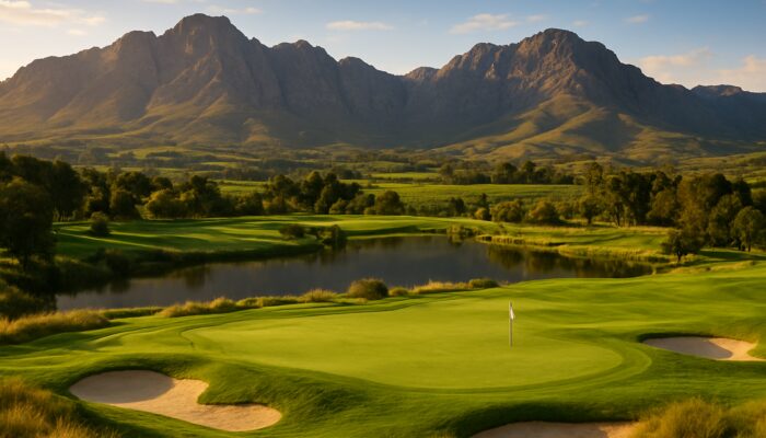 Scenic South African golf fairways in Cape Winelands with mountain vistas and Gauteng greens.