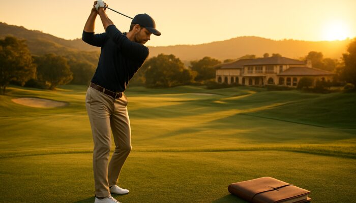 Stylish golfer swings on lush premium course at golden hour with luxury clubhouse and scenic hills.