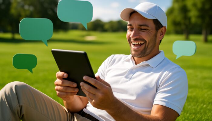 Golfer reading personalized golf blogs on tablet amid floating comments on sunny fairway